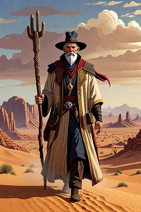 a close up of a man in a long robe and hat holding a stick