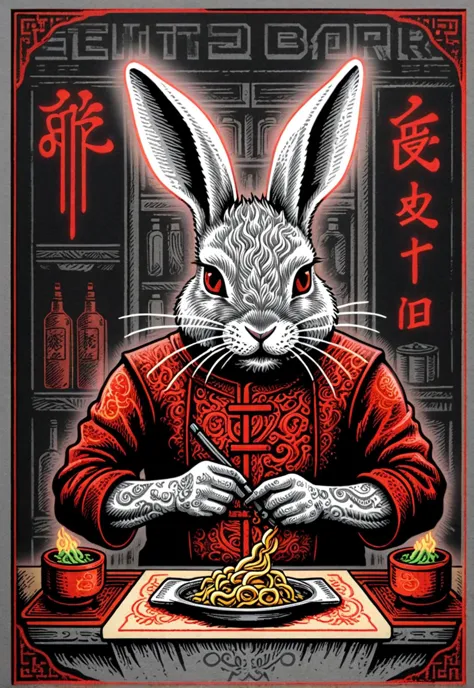 adult Bunny covered in intricate glowing aether tattoos, cyberpunk noodle bar, classical era, gray, red, black theme, vivid colors, ultra sharp, intricate details, <lora:20240130-1706618203434:0.8> (copperplate), etching, thick line outline, minimalism, letterpress, flat illustration, vintage, black and white, art, rich texture detail,