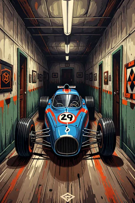 a prefect symmetrical face and intricate detailed racing car in a creepy backrooms in the style of flat brush strokes, pixer, <lora:add detail xl.safetensors:2.1>