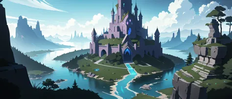 a close up of a castle on a hill near a river