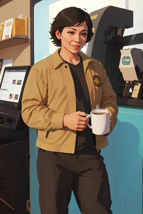 arafed image of a man holding a cup of coffee