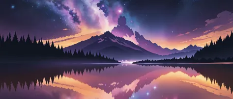 A multicolor watercolor palette paints a surreal galaxy across the horizon, where the sky meets the Earth's gentle curves. Streaks of celestial hues, from deep purples to electric blues, merge with the soft pastels of a setting sun. Reflecting in a tranquil lake below, the landscape becomes a mesmerizing canvas, blending reality and dreams into a breathtaking masterpiece.