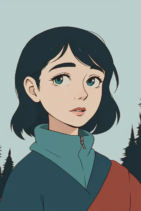 a cartoon girl with a blue shirt and red sweater looking at the camera