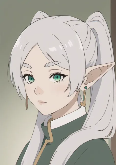 a close up of a person with a white hair and green eyes