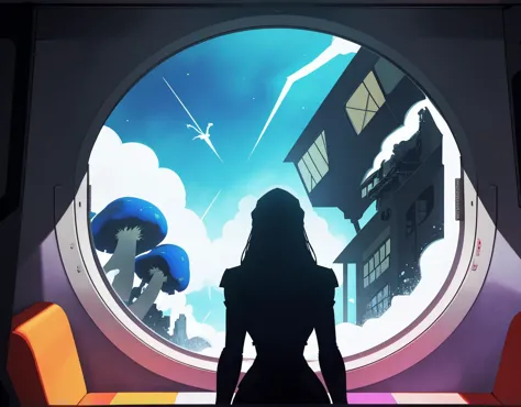 anime scene of a woman looking out a window at a city