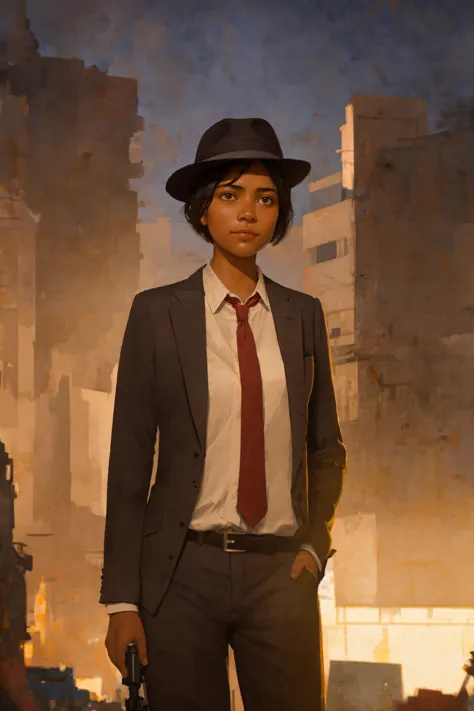 1girl, (noir detective:1.2), tan skin, (fancy suit:1.1), fedora, smirk, (ultra detailed face and eyes:1.1), (album art:1.1), slum cyberpunk, frown, (slum old garage:1.1), (artpunk:1.0), unique pose, (trigun:1.1), (masterpiece:1.1), best quality, run-down, ultra high detail, (by antoine blanchard and casey baugh:1.1), (by zdzislaw beksinski:0.8), extremely intricate, extreme detail, raytracing, reflections, beautiful lighting, harsh lighting, watercolor, High Saturation Clarity Contrast, deep levels, sharp, retouched, color graded, soft lighting   <hypernet:Pain:0.7>