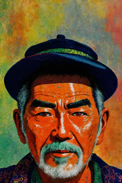 [close up of an old asian man's face:abstract background:0.5], extremely detailed face and eyes, explosive pose, expressionism, ...