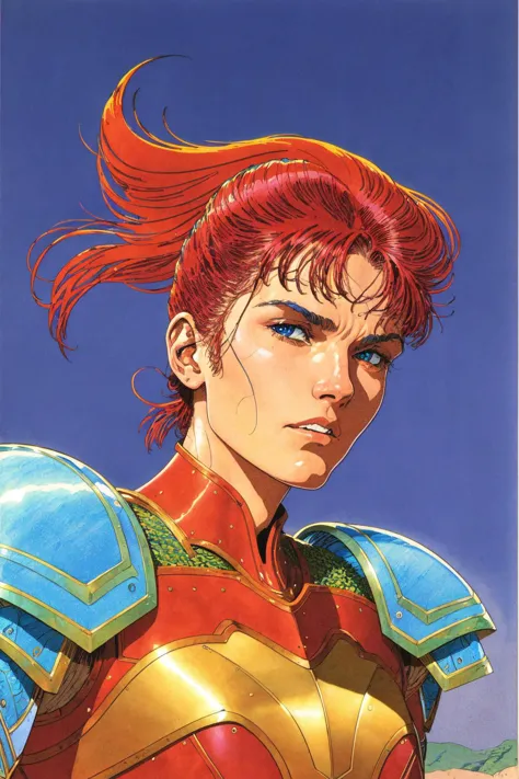 a woman with red hair and armor on her chest