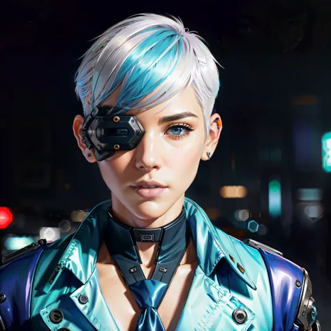 there is a woman with a futuristic look and a blue hair