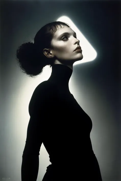 a woman in a black dress with a light shining behind her