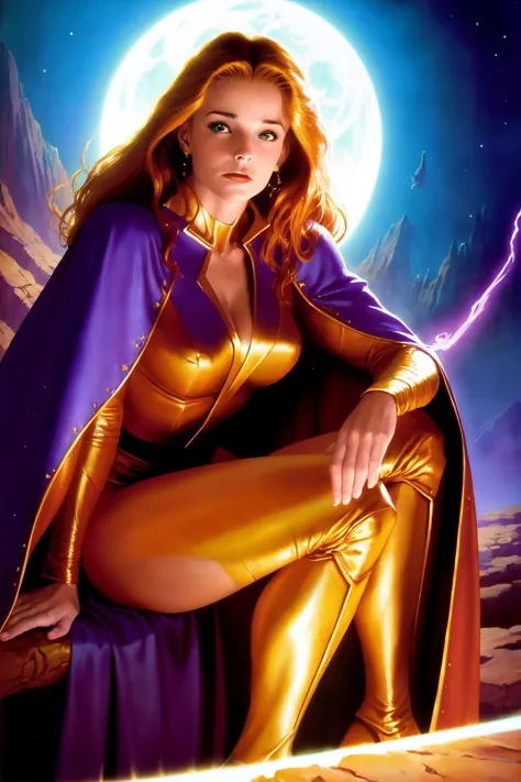 a woman in a gold outfit sitting on a rock with lightning