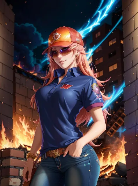 (Anime Style:1.2), masterpiece, best quality, [bold|bright] colors, beautiful lighting, highly detailed illustration of (undercover woman fed at riot), (glowing1.2), (aura), vivid details, perfect face, cap \(hat\), (sunglasses), smirk, wearing jeans and polo shirt, standing near pallet of bricks, buildings burning in the background, dynamic angle, (full body:0.9)