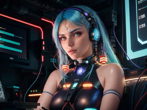 snthwve style, (bldrnrst:1.1), sfw, raw photo, a cyborg woman with cyan colored hair, perfect face, complex background, wires an...