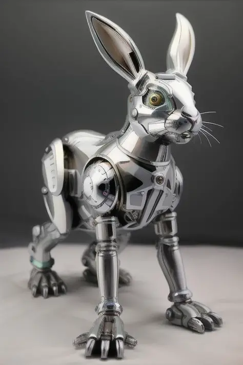 airbrushed chrome mechanical rabbit, running, leaping<lora:Mechanicalrabbit:.6>