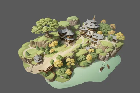 concept art, top-down view, Game scenes, miniature maps, tree, gray background, no man, landscape, house, water, simple background, bridge, architecture, outdoor, river, stairs, rocks, ancient East Asian architecture, valley<lora:shapan:0.8>,