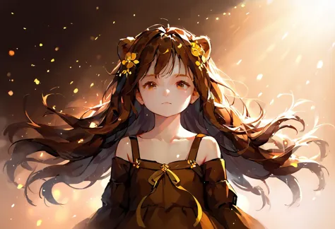 score_9, score_8_up, source_anime,
1girl, solo, dress, long hair, brown dress, lion girl, cute, hair ornament, brown hair, bare shoulders, brown eyes, floating hair, collarbone, closed mouth, blurry, standing, light particles, cinematic, brown theme, chiaroscuro, upper body, looking at viewer,