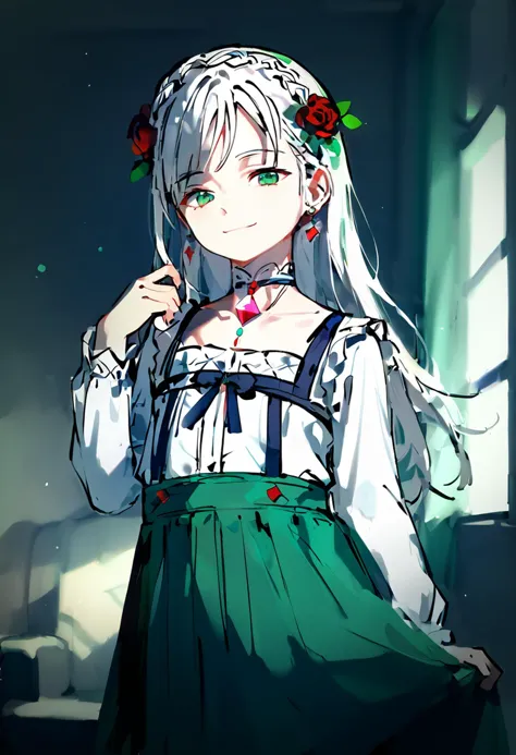 anime girl with long white hair and green skirt standing in front of a window