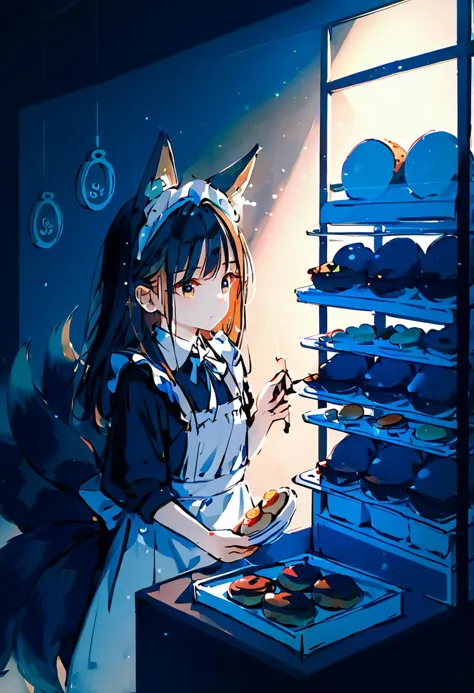 anime girl in a kitchen with a tray of food in front of her