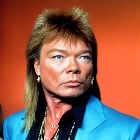 a photo of gavidp, a man with a gold jacket and and orange tie on and a blue shirt and earrings posing for a picture in front of a blurred wall