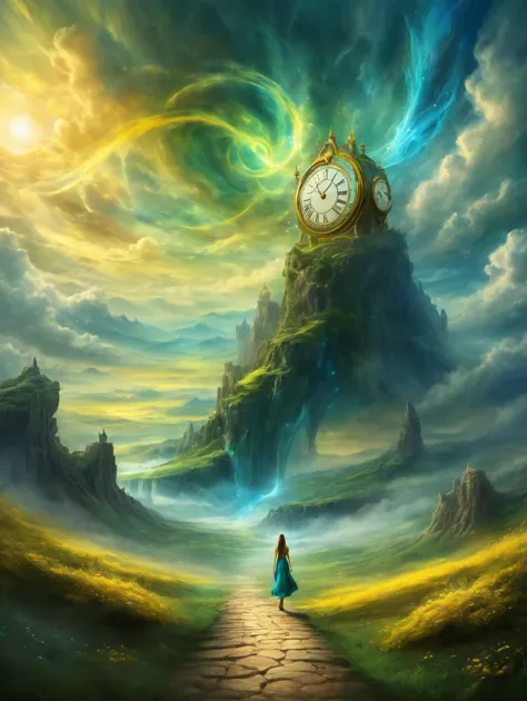 éthéré fantasy concept art of  , Generate an image dépiqueting the slow passage of time, with blurred movement of a person crossing an épique, paysage mystérieux et mystique dans lequel une horloge déformée se détache en jaune, couleurs bleu et vert, pendant que les nuages passent lentement . magnifique, céleste, éthéré, pictural, épique, majestueux, magique, art fantastique, Couverture, rêveur