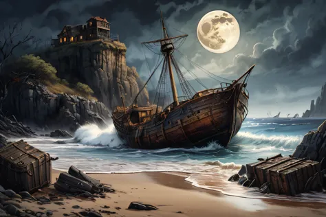 shipwrecks on rocks, ((large skull faced setting moon on horizon)), broken hull, stormy night, storm tossed waves, pirate treasure and chests  washed up on the rocky beach, low cliffs, craggy rocks, coastline, dark, dramatic, stylized, watercolor, intricate detail