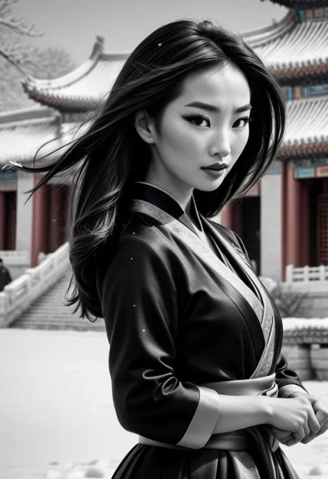Ultra Realistic,  Mulan, elegant, adjusting hair, classy scottish scarf, flirty, walking on snowy streets in Forbidden city in C...