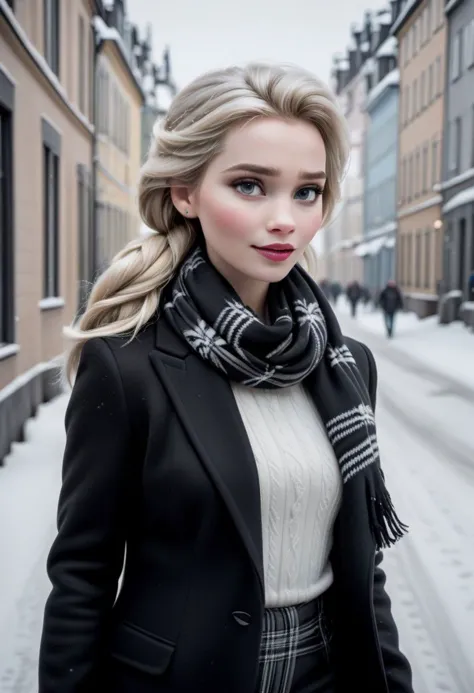 Ultra Realistic,  Elsa, elegant, classy scottish scarf, flirty, walking on snowy streets in Stockholm, B&W picture