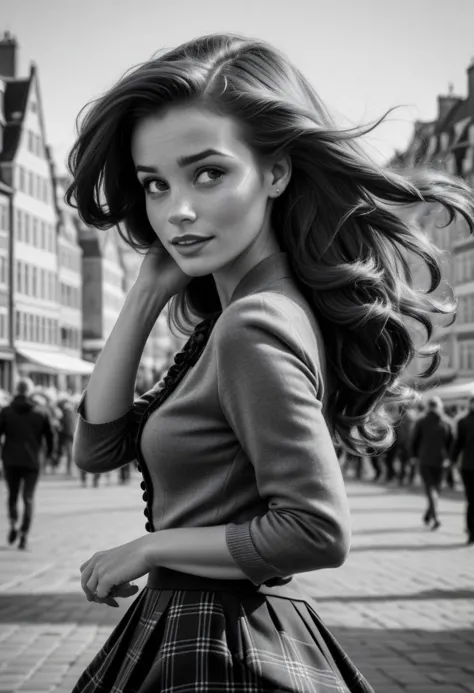 Ultra Realistic,  Ariel, elegant, adjusting hair, classy scottish scarf, flirty, walking next to the city center of Copenhaguen,...