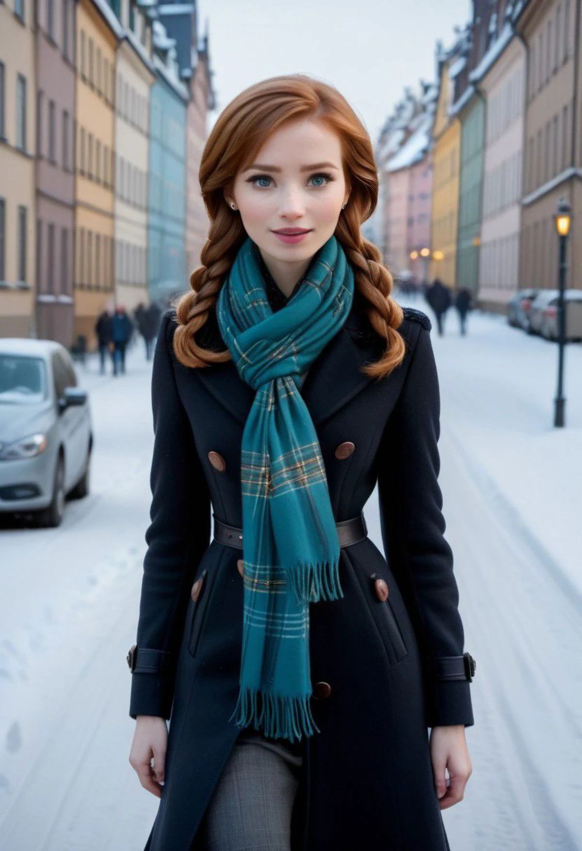 ultra realista,  anna, esbelto, elegante bufanda escocesa, coqueto, caminando por calles nevadas en Estocolmo