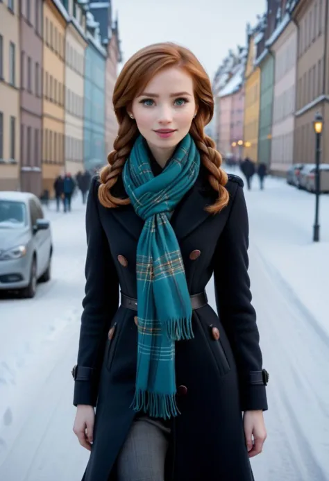 Ultra Realistic,  Anna, slender, classy scottish scarf, flirty, walking on snowy streets in Stockholm