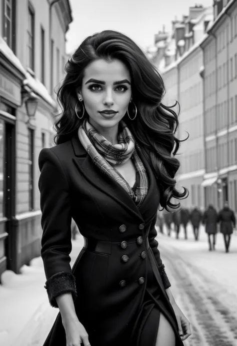 Ultra Realistic,  Esmeralda, elegant, adjusting hair, classy scottish scarf, flirty, walking on snowy streets in Stockholm, B&W ...