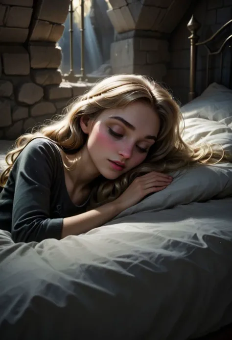 Ultra Realistic,  Aurora, slender, asleep, in a messy bed in dark castle, sun ray on her face, lying in a bed, cute