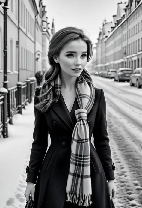 Ultra Realistic,  B&W picture, Anna, elegant, classy scottish scarf, flirty, walking on snowy streets in Stockholm, B&W picture