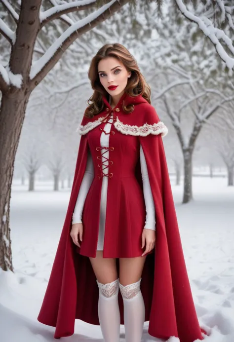 Ultra Realistic,  Belle, classy, flirty, long red cape coat, in snow, hiding behind a tree, white lacing tights, sparkling eyes,...