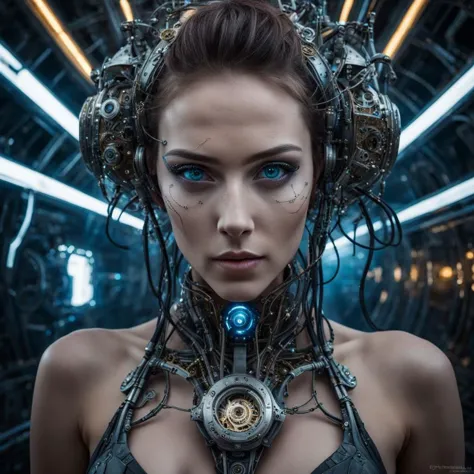 A beautiful cyberpunk woman stares directly into the camera, half of her face is the most intricate clockwork ever seen in the u...