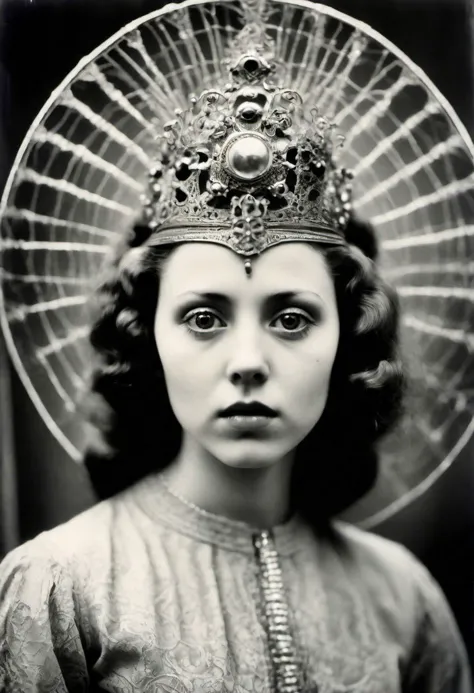 a black and white photo of a woman wearing a crown