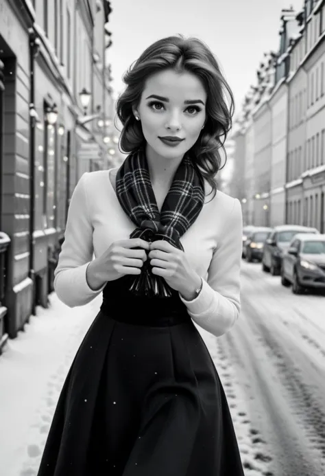Ultra Realistic,  B&W picture, Belle, elegant, classy scottish scarf, flirty, walking on snowy streets in Stockholm, B&W picture