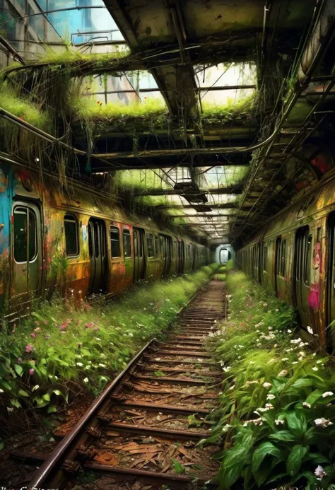 "An abandoned subway station with an abandoned subway train covered in vines kudzu flowers grass in a sharp photograph by Greg O...