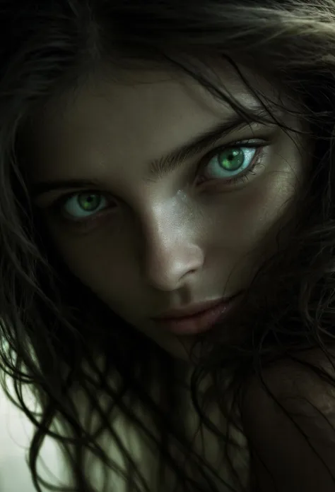 dark close-up portrait of a beautiful girl's face, soft lighting, beautiful green eyes, messy hair, cute