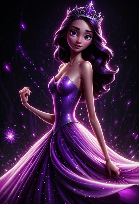 Escuro, mítico, cinéamtica, desenho animado da disney, obra de arte, 8K, melhor qualidade, linda princesa com vestido roxo com brilhos mágicos brilhantes