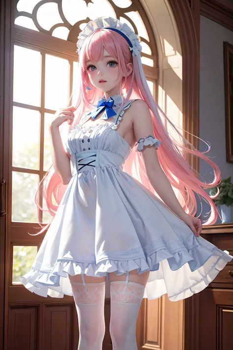 (masterpiece, best quality), 1girl, blue and white frill dress, (white stockings), pink hair, cute face, standing, indoor, intri...