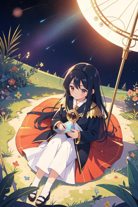 anime girl sitting on a red umbrella in a field with flowers