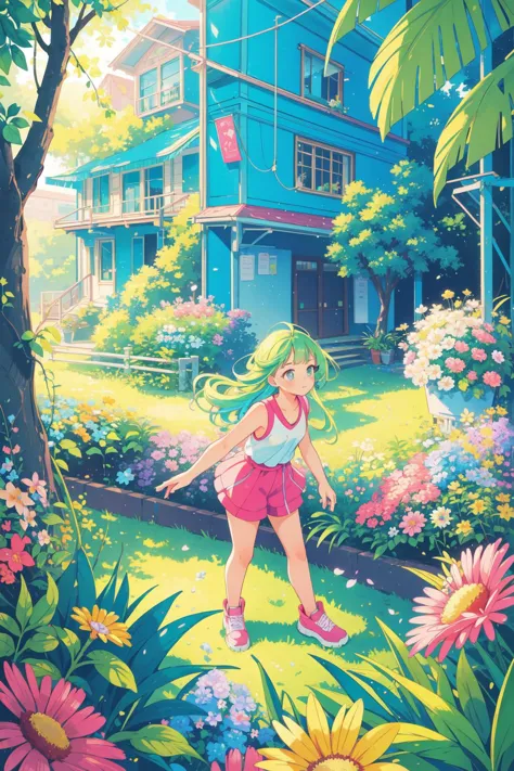 a girl in a pink dress is walking through a garden