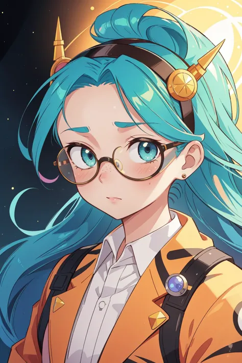 a close up of a person with blue hair and glasses