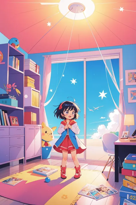 anime girl in a room with a teddy bear and a window