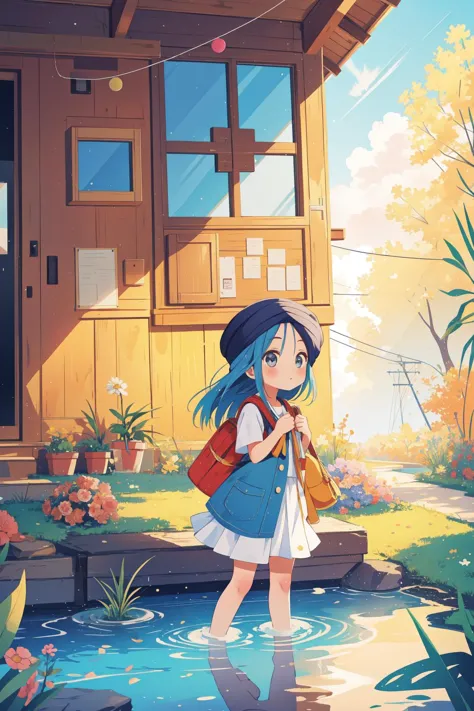 a girl with blue hair and a backpack standing in a pond