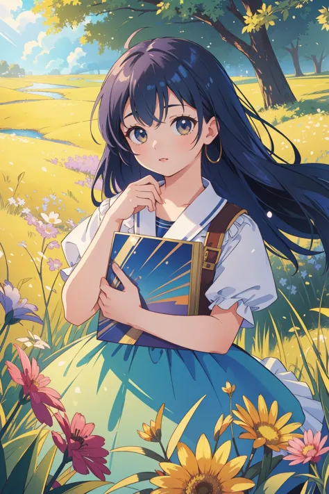 a girl in a blue dress is sitting in a field with flowers