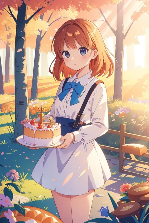 anime girl holding a cake in a park with trees and flowers