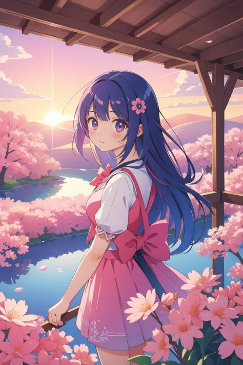 a girl in a pink dress standing in a field of flowers