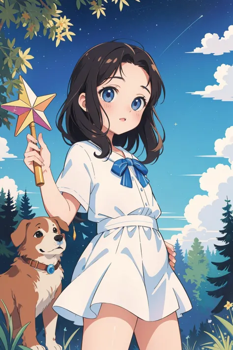 a girl in a white dress holding a star and a dog